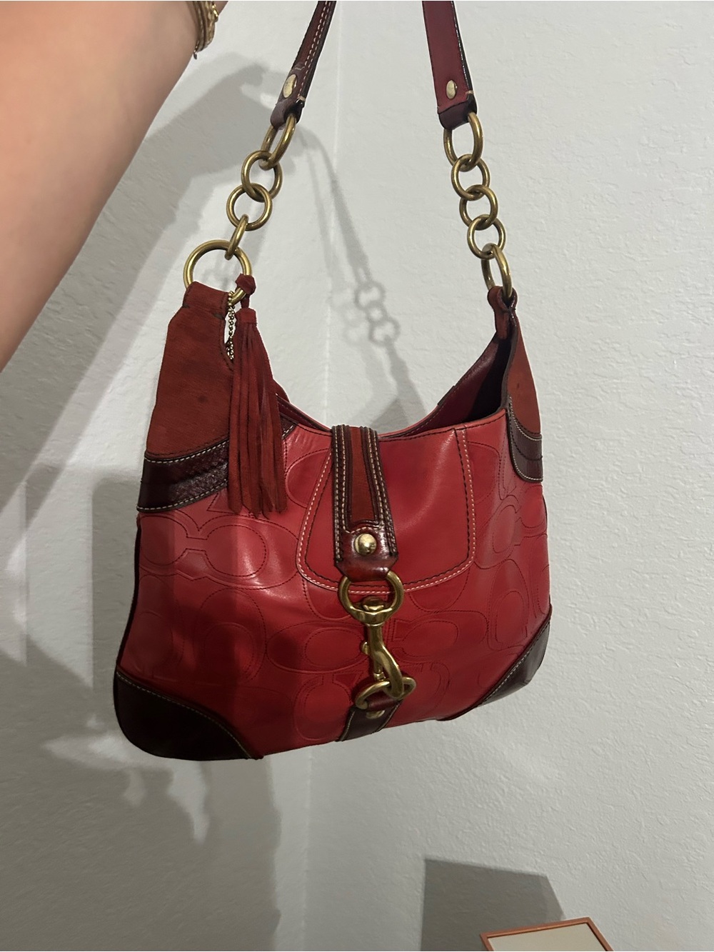 Coach Hampton Red Leather Shoulder Bag with Gold Hardware